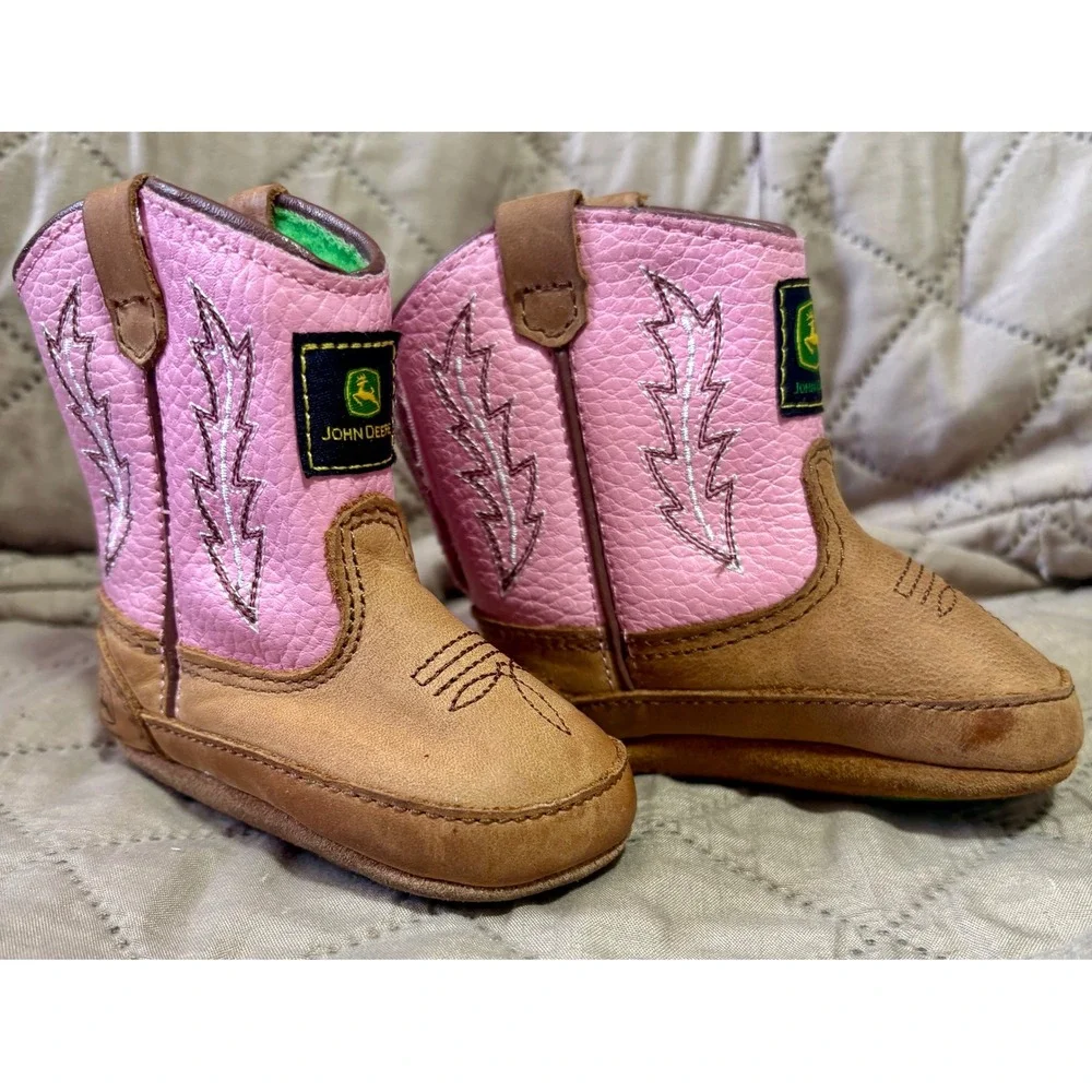 John Deere Baby Girls Pink Brown Leather Western Crib Boots JD0185 Size 2